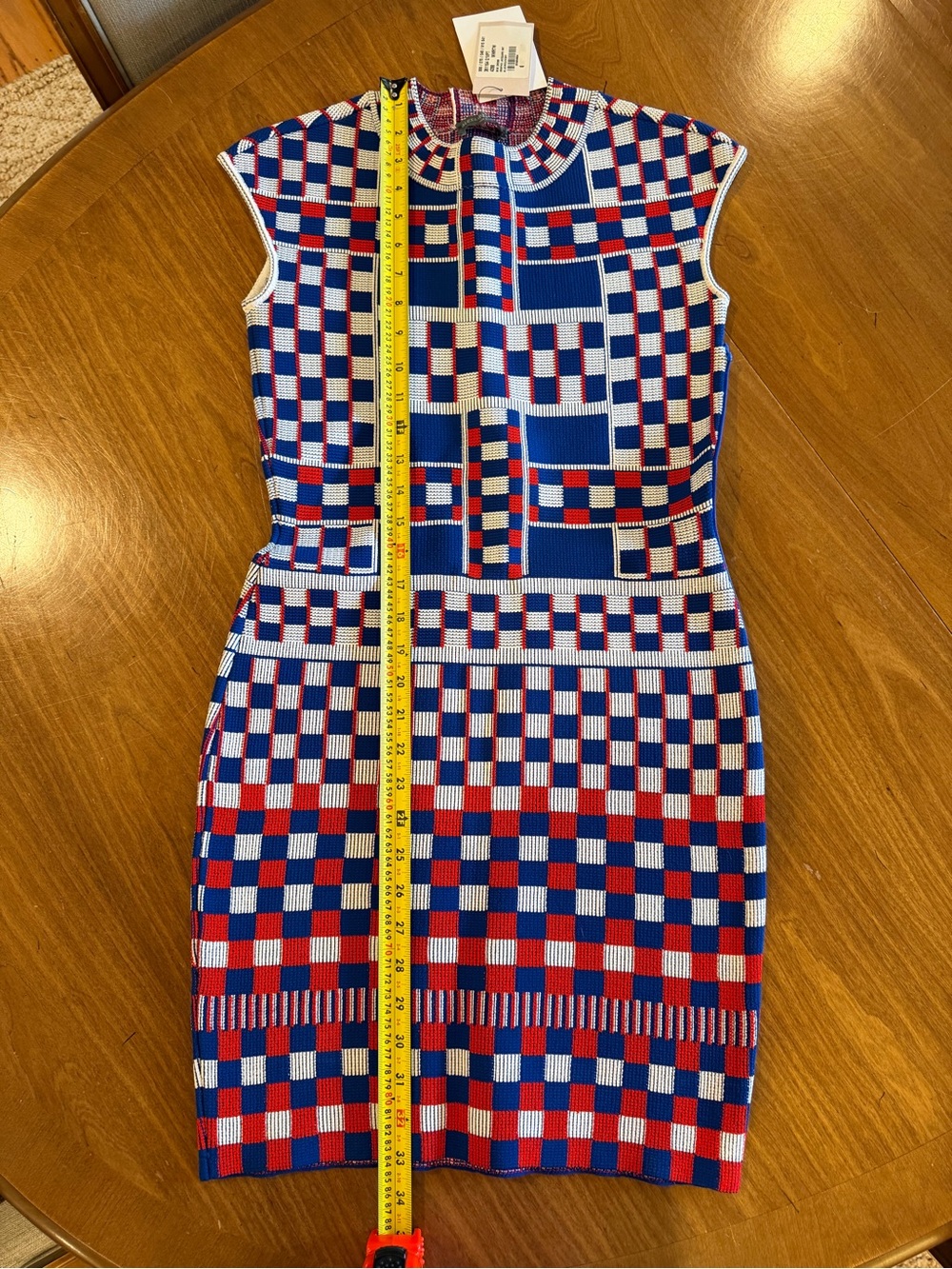 Alexander McQueen Dress Geometric Knit Dress in Blue, Red & White broken zipper